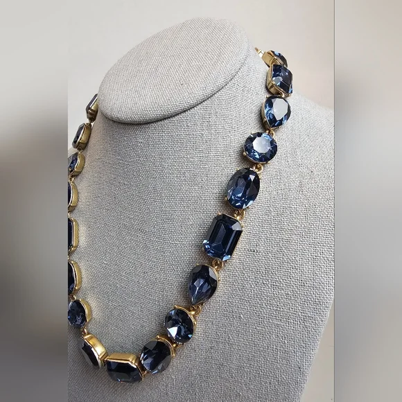 [J. Crew] Blue Crystal Multi Shaped Riviere Gold Toned Statement Necklace - Picture 4 of 16